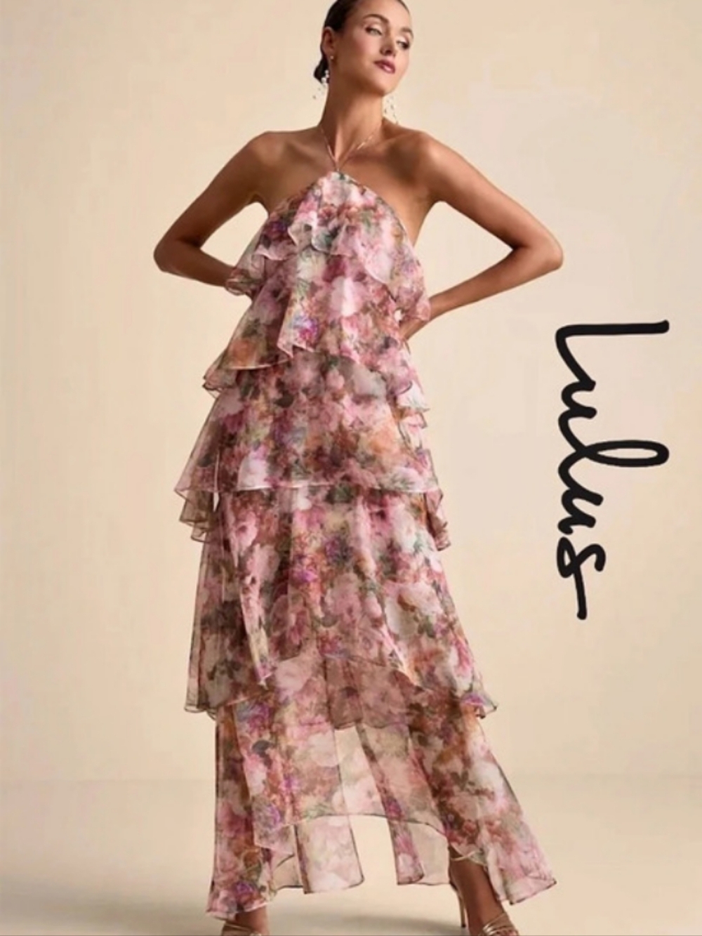 Lulus Dayanara Pink Multi Floral Organza Tiered Maxi Dress